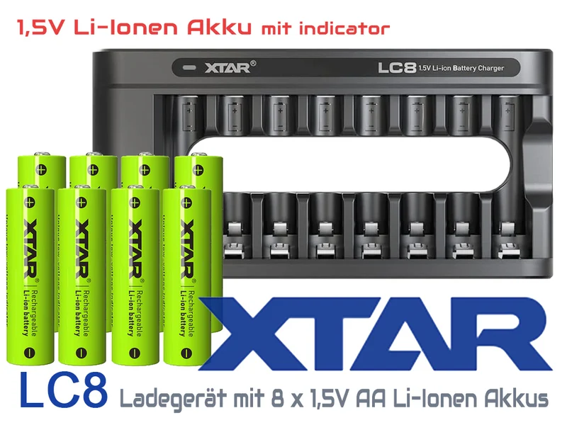Xtar LC8 – Ladegerät, incl. AA (Mignon) LR6 1,5V Li-Ionen-Akkus mit Akku-Wechselanzeige