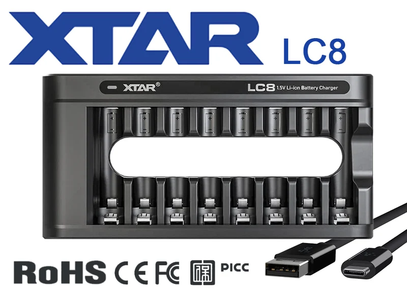 Xtar LC8 – Ladegerät, incl. AA (Mignon) LR6 1,5V Li-Ionen-Akkus mit Akku-Wechselanzeige