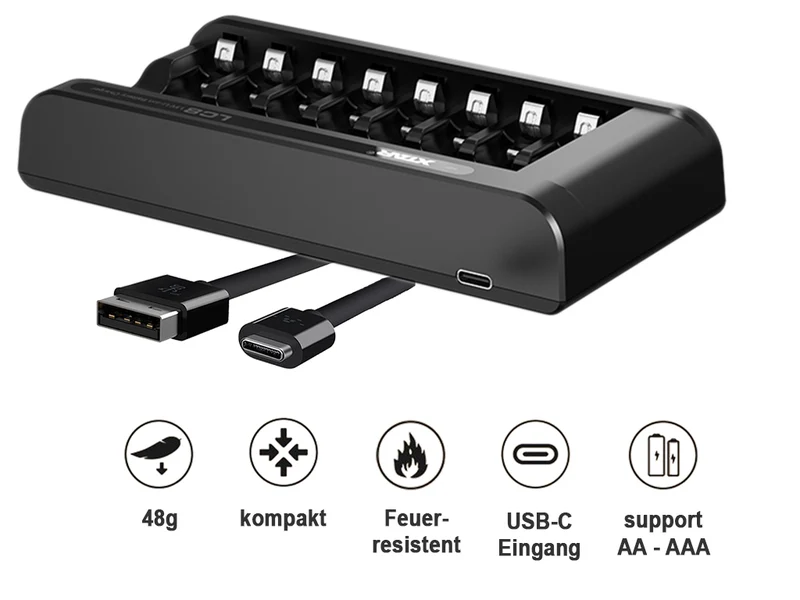 Xtar LC8 – Ladegerät, incl. AA (Mignon) LR6 1,5V Li-Ionen-Akkus mit Akku-Wechselanzeige