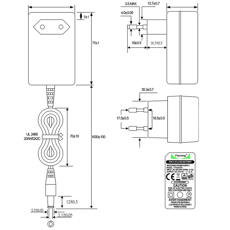 Fuyuang 1S 3,6V - 3,7V (4,2V) Li-Ion-Ladegerät 2A + DC Stecker