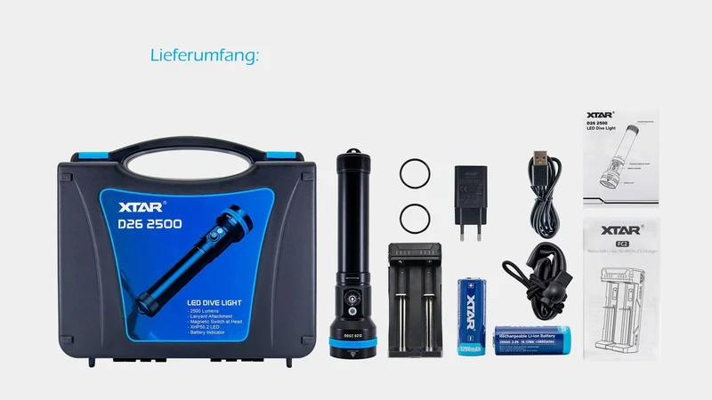 Xtar Taschenlampen D26-2500 lange Version SET mit 2*26650 Akkus und Ladegerät