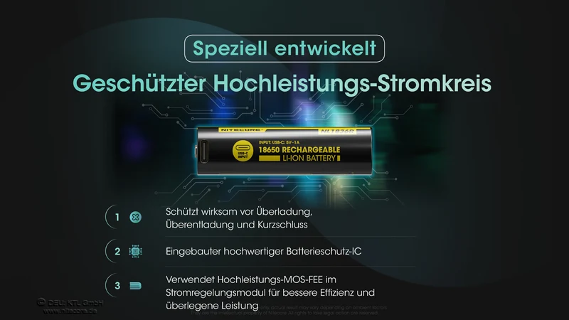 NiteCore Li-Ion-Akku 18650 - 3600mAh, 3,7V - NL1836R - USB-C - PCB geschützt
