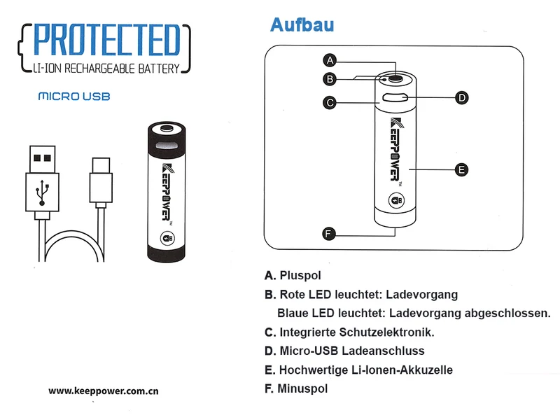 Keeppower 14500 - 950mAh Li-Ionen 3,7V - 3,6V mit USB Lademöglichkeit und PCB P1495U