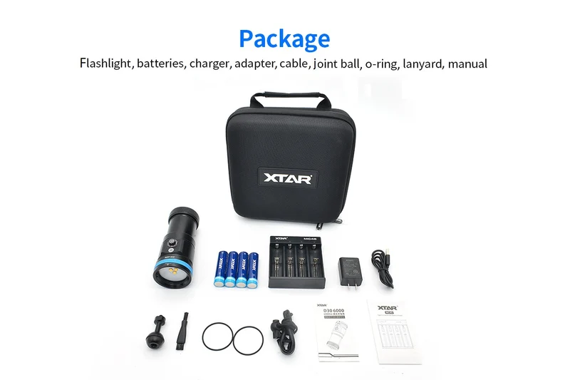 Xtar Tauchlampe D30-6000lm Set mit Ladegerät MC4S und 4x Li-Ion 18650-3500mAh Akkus