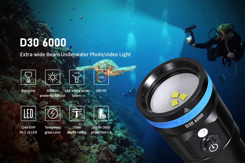 Xtar Tauchlampe D30-6000lm Set mit Ladegerät MC4S und 4x Li-Ion 18650-3500mAh Akkus