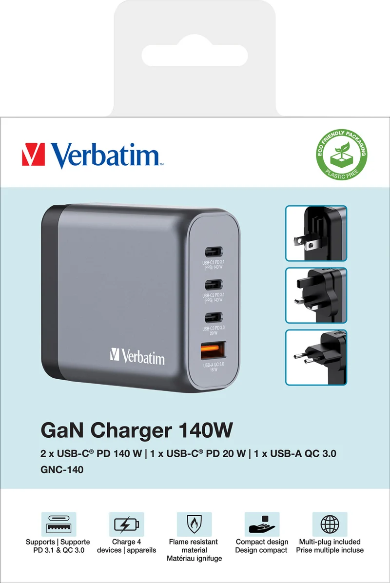 Verbatim Ladeadapter, Universal, GNC-140, GaN, 140W, grau 1x USB-A QC, 3x USB-C PD, Retail