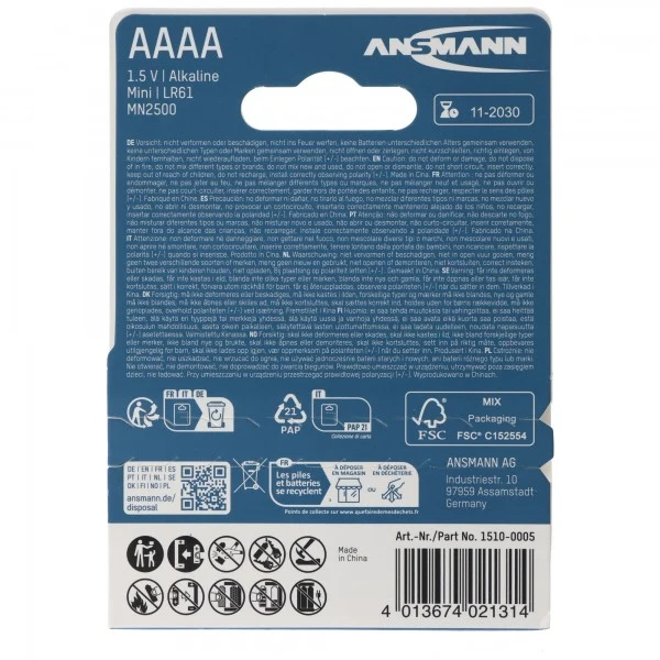 Ansmann AAAA Alkaline Batterie LR61 AAAA 41,5 x 8,3mm im 2er Pack