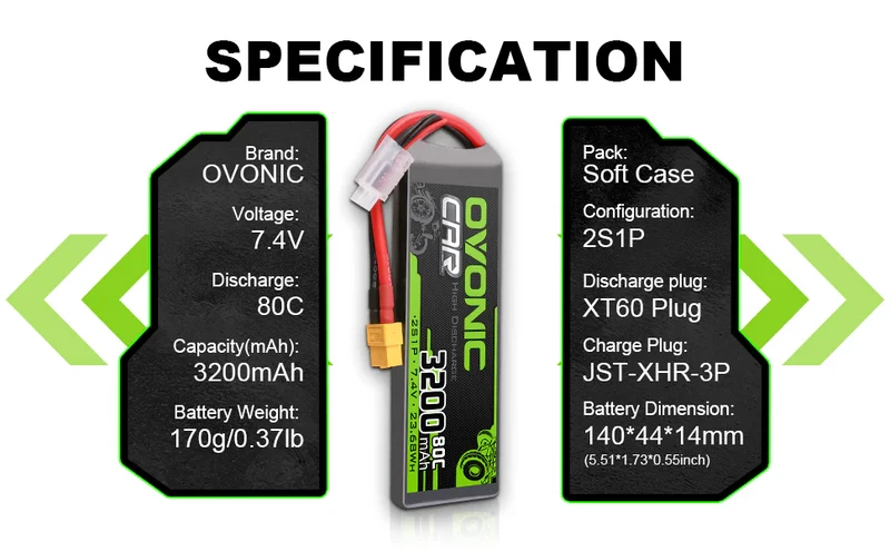 OVONIC Car 2S 3200mAh 80C 7,4V LiPo-Akku mit XT60 + TRA-Stecker für RC-Auto-LKW-Boot (2 St.)