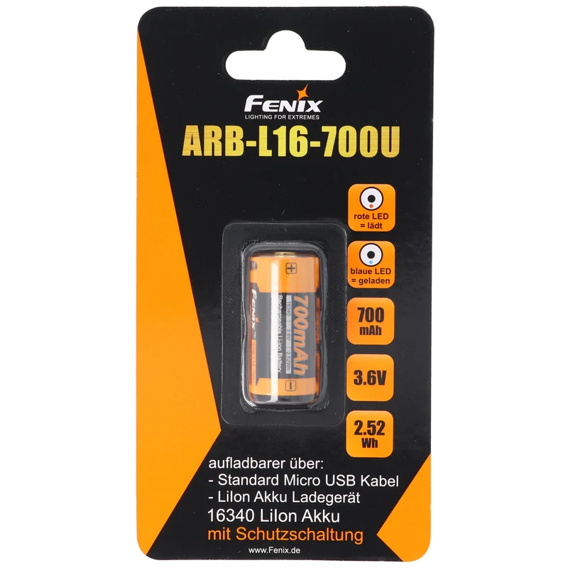 Fenix CR123 A Li-Ion Akku mit integrierter USB-Ladefunktion 3,6 Volt mit 700mAh und AccuCell Akkubox (kein extra Ladegerät notwendig)