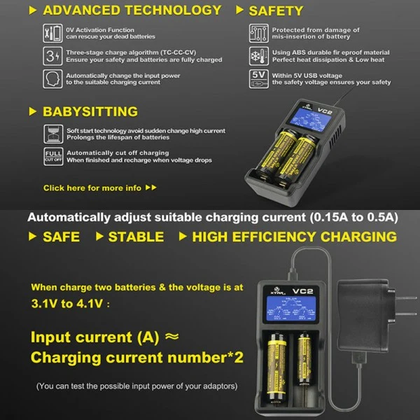 AccuCell 2 Stück CR123A Li-Ion Akku mit bis zu 850mAh und USB-Ladegerät mit großem Display, mit bis zu 0,5Ah Ladestrom