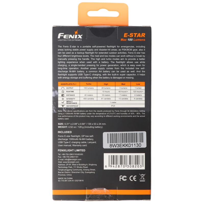 Fenix E-Star Dynamo Taschenlampe, 100 Lumen, dynamobetrieben inklusive NiMH 1,2V 1300mAh Akku