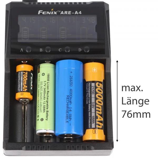 Fenix ARE-A4 Ladegerät für Li-ion 18650, 21700, AA, AAA, C, 26650 lädt bis max. 76mm Länge