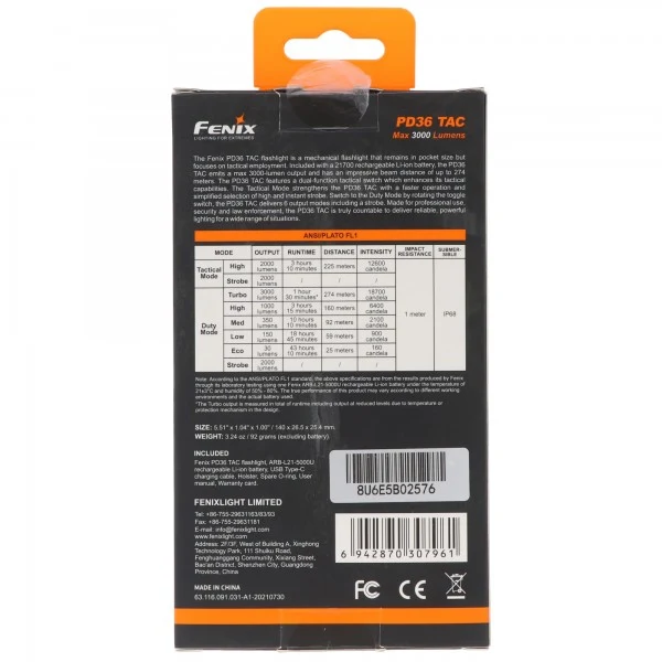 Fenix PD36 TAC LED-Taschenlampe, taktische Taschenlampe, mit Einhanddrehschalter, max. 3000 Lumen, inklusive ARB-L21-5000U Li-Ion Akku