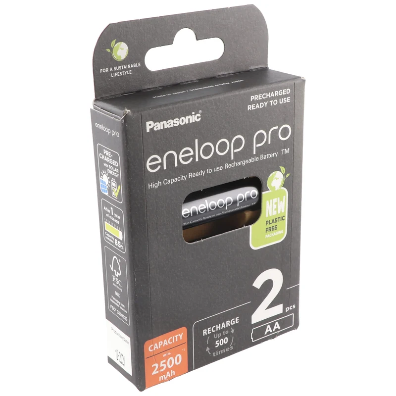Panasonic eneloop pro, vorgeladen, Retail Blister 2-Pack BK-3HCDE/2BE Akku NiMH, Mignon, AA, HR06, 1.2V und 2500mAh