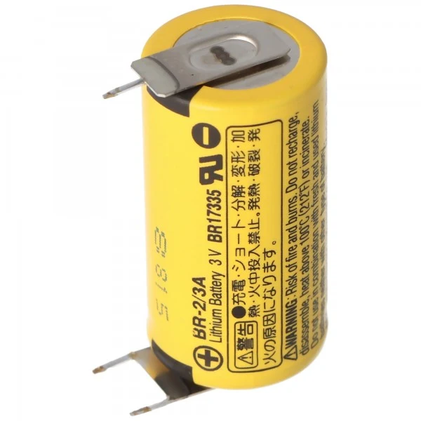 Panasonic BR-2/3A Lithium Batterie mit Print Kontakt ++-, 2er Print Plus und 1er Print Minus, BR17335, 3,0 Volt, Rastermaß 7mm