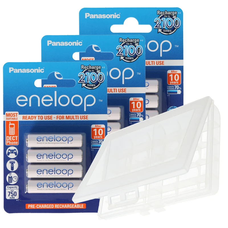 12er Panasonic eneloop Standard AAA, Micro Akkus, neueste Generation, max. 800mAh, 2100 Ladezyklen mit AccuCell BOX10 AKTION 10+2 !