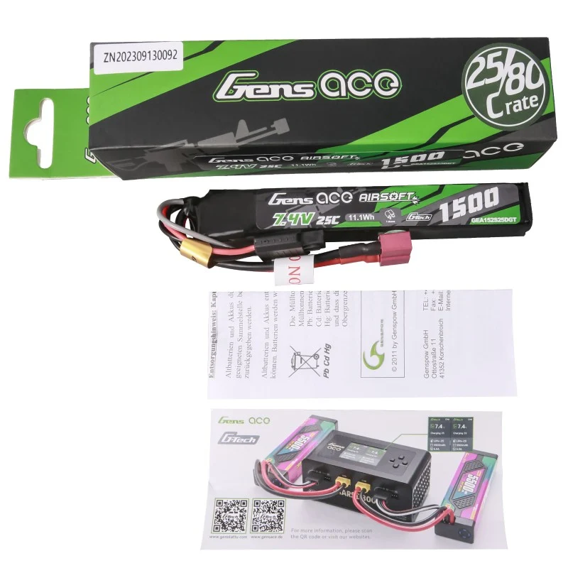 Gens ace G-Tech 25C 1500 mAh 2S1P 7,4 V Airsoft Lipo Akku mit T-Stecker