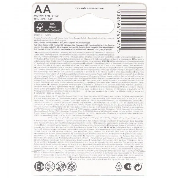 VARTA Akkus AA 1,2V 2600mAh Mignon AA LR6 4er Blister