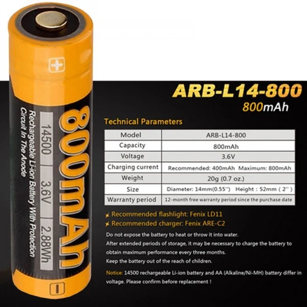 Fenix ARB-L14-800 14500 Mignon AA 3,7V 800mAh geschützt Li-Ion Akku