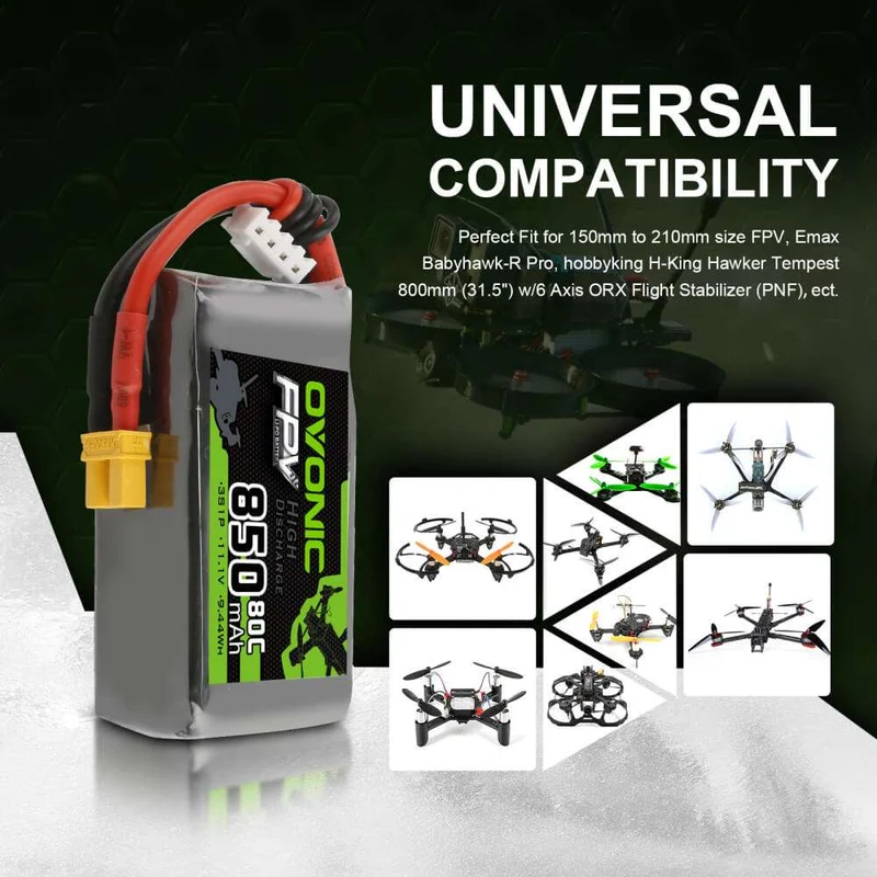 Ovonic FPV 3S 850mAh 11,1V 80C XT30 Lipo Akku