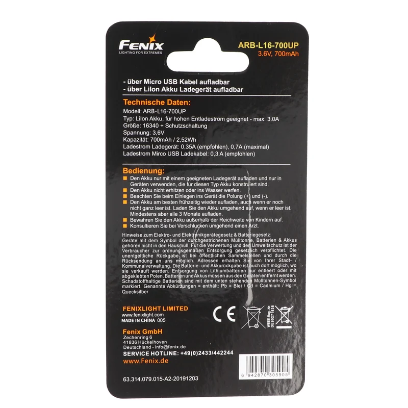 Fenix ARB-L16-700UP geschützter 16340 RC123A für PD25 PD22UE micro USB Li-Ion Akku