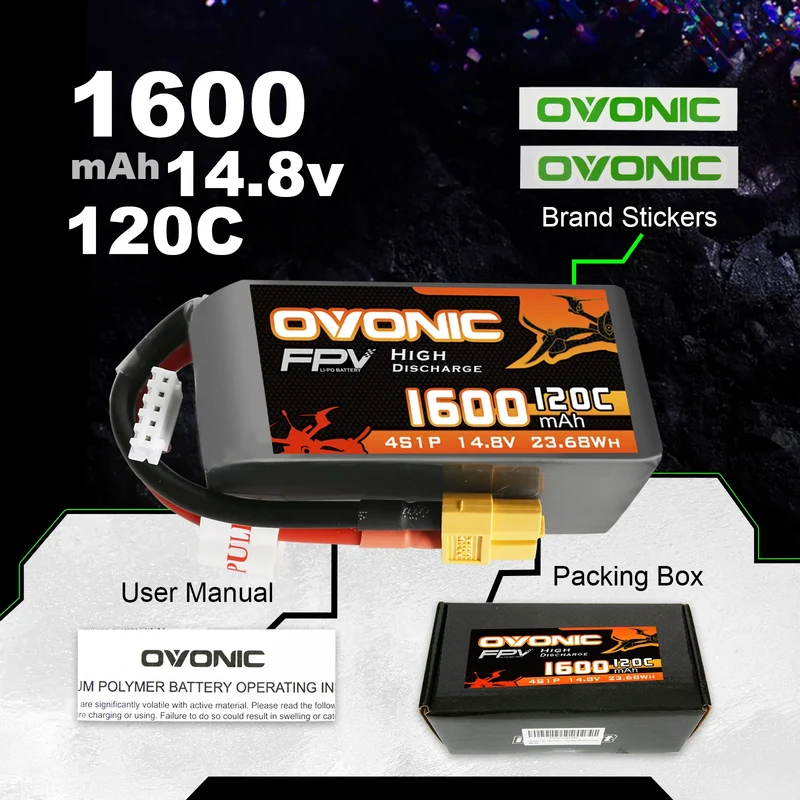 Ovonic FPV 4S 1600mAh 120C 14,8V FPV Racing XT60 LiPo Akku (2 Stück)