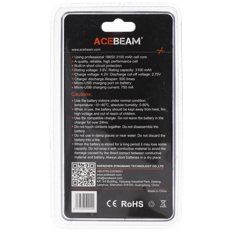 AceBeam 18650 Li-Ion Akku mit USB-C Ladeanschluss, ARC18650H-310A, 3,7V, 3100mAh