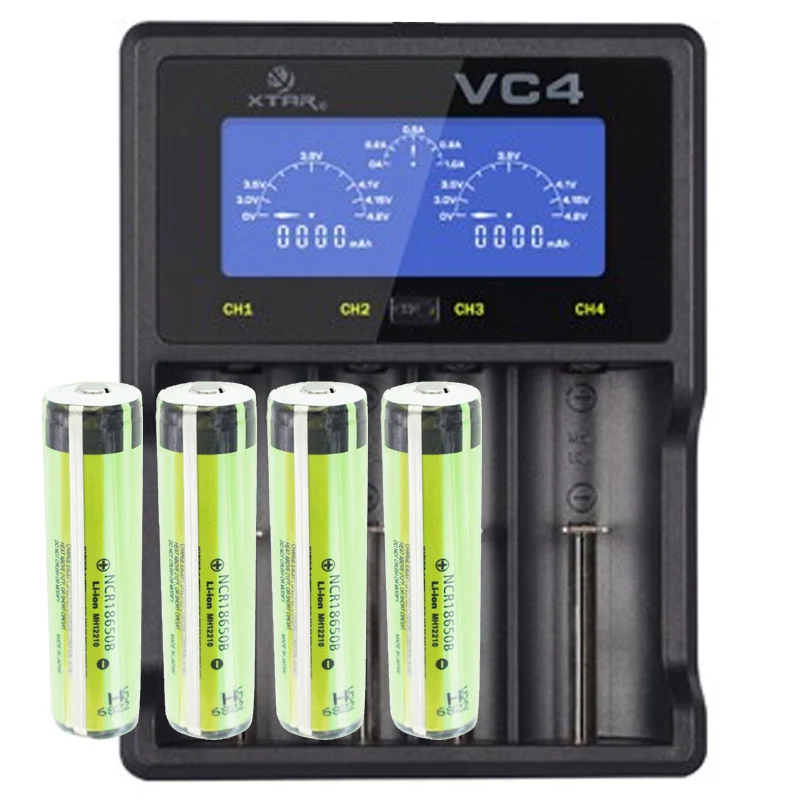 Panasonic 18650 Li-Ion Akku geschützt mit 3,7 Volt, 3400mAh 4 Stück und LCD-Schnell-Ladegerät