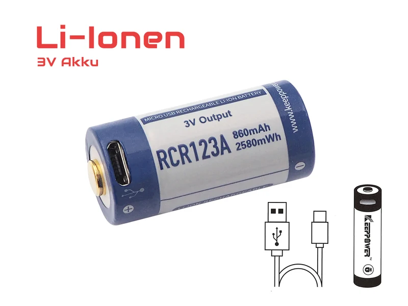 Keeppower RCR123A 3.0 Volt 880mAh 1,5A Lithium Ionen Akku 16340 micro USB