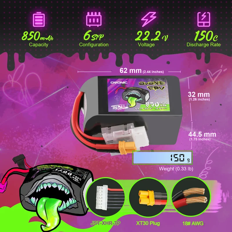 Ovonic Rebel 2.0 6S 850mAh 150C 22,2V XT30 Lipo Akku (2 Stück)