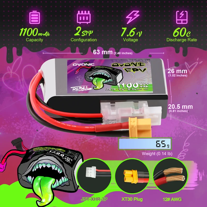 Ovonic Rebel 2.0 2S 1100mAh 60C 7,6V XT30 LiHV LiPo Akku (2 Stück))
