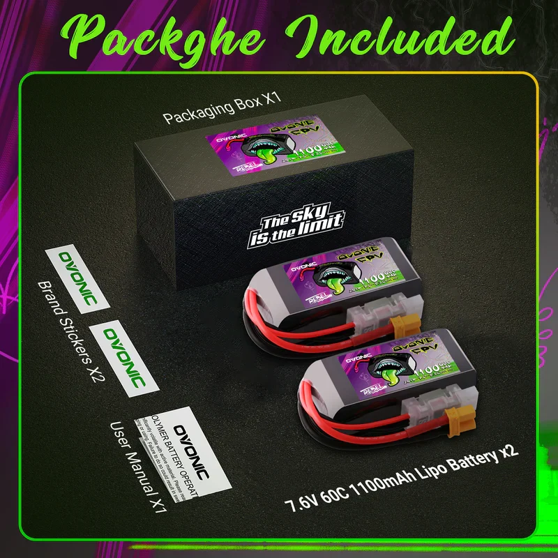 Ovonic Rebel 2.0 2S 1100mAh 60C 7,6V XT30 LiHV LiPo Akku (2 Stück))