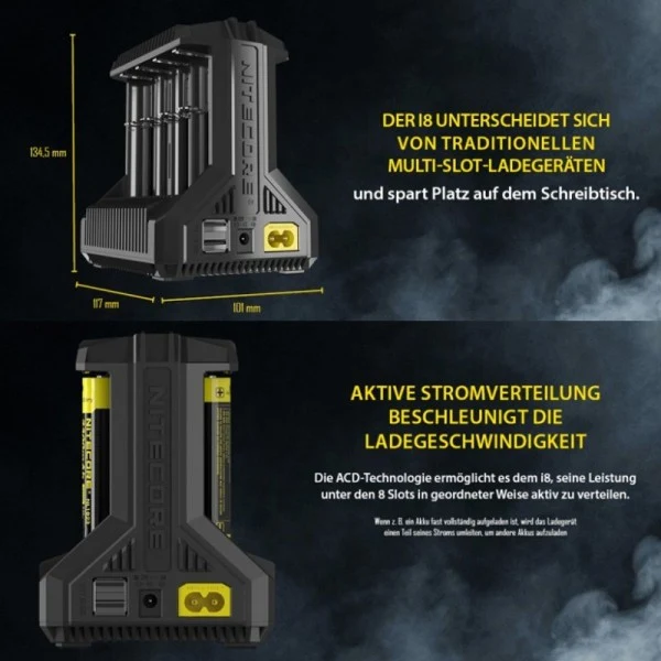 Nitecore 8fach Schnell-Ladegerät lädt 1 bis 8 Stück Li-Ion, LiFePO4, NiMH Akku 18650, AAA, AA