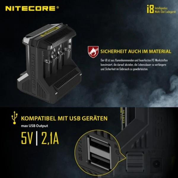 Nitecore 8fach Schnell-Ladegerät lädt 1 bis 8 Stück Li-Ion, LiFePO4, NiMH Akku 18650, AAA, AA