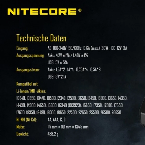 Nitecore 8fach Schnell-Ladegerät lädt 1 bis 8 Stück Li-Ion, LiFePO4, NiMH Akku 18650, AAA, AA