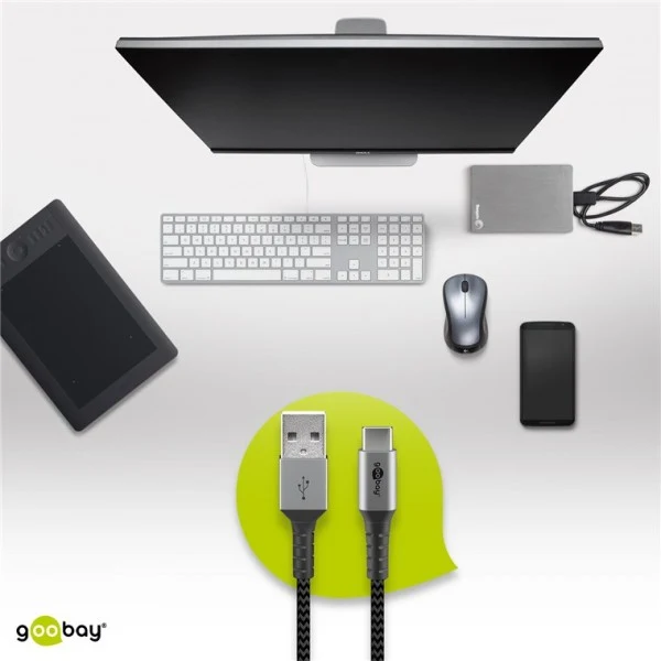 Goobay USB-C auf USB-A Textilkabel mit Metallsteckern, extra-robustes Verbindungskabel für Geräte mit USB-C Anschluss, optimierter Knickschutz