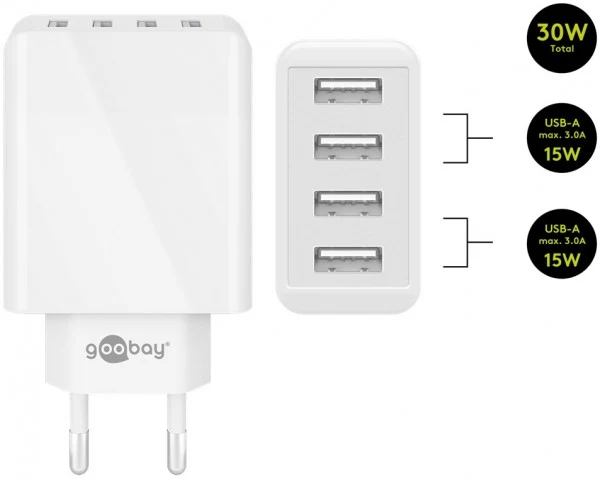 Goobay 4-fach USB-Ladegerät 30W bis zu 4 Geräte gleichzeitig laden