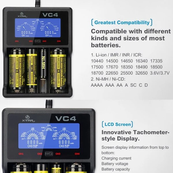 XTAR VC4 4-Kanal Li-Ion NiMH LCD Schnellladegerät für 18650, AA, AAA, C und D