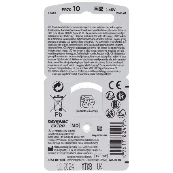 Rayovac Hörgerätebatterie H10MF Nr. 10 PR70 Extra Advanced, 105mAh 6 Stück im Blister