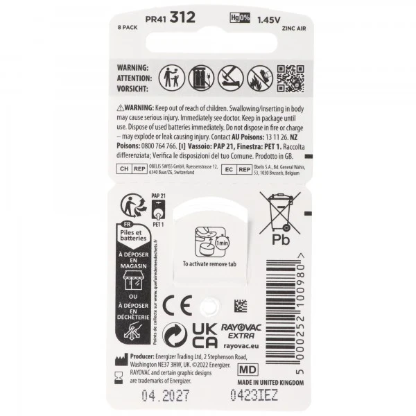 Rayovac HA312 PR41 Hörgeräte Batterien Extra Advanced 8er Sparpack 6 + 2 Gratis 5000252100980 ( 8 St.)