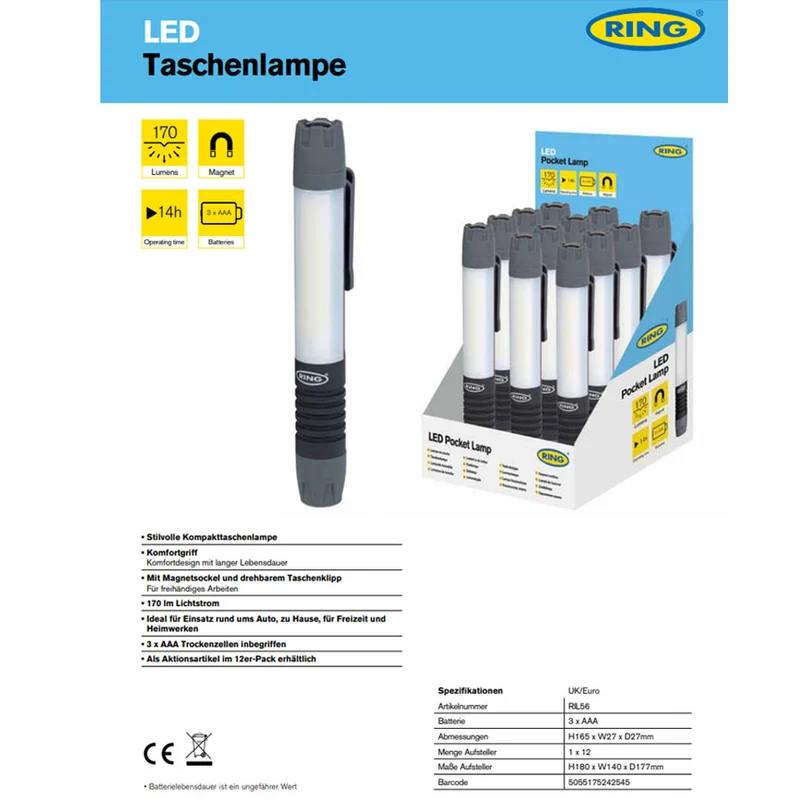 LED Leuchtstab inklusive Batterien, mit Magnet-Sockel und drehbarem Taschenklipp für freihändiges Arbeiten, 1 Stück