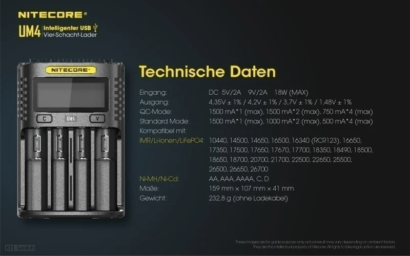 Nitecore UM4 USB-Ladegerät QC 2.0 für Li-Ion Akkus