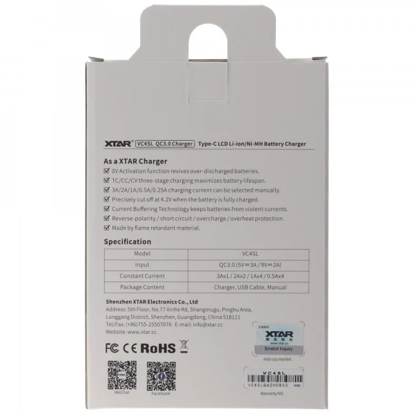 XTAR VC4SL QC3.0 Schnell-Ladegerät Li-Ion 3,6V - 3,7V und NIMH 1,2V Akku, ohne Netzteil