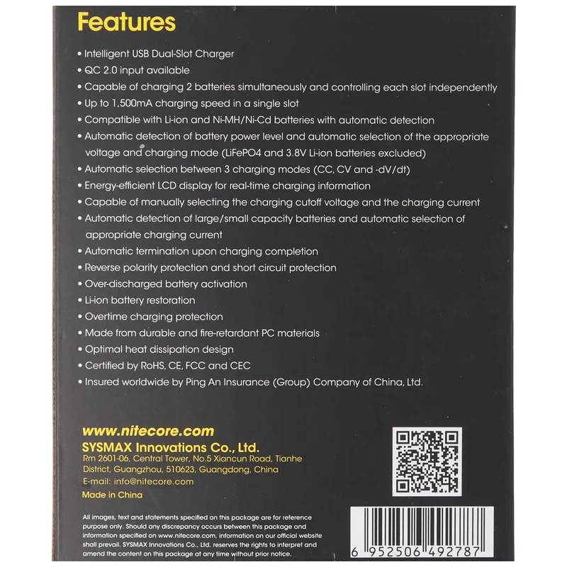Nitecore UM2 USB-Ladegerät QC 2.0 Li-Ion Akkus, bis zu 78mm Akkus