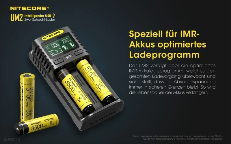 Nitecore UM2 USB-Ladegerät QC 2.0 Li-Ion Akkus, bis zu 78mm Akkus