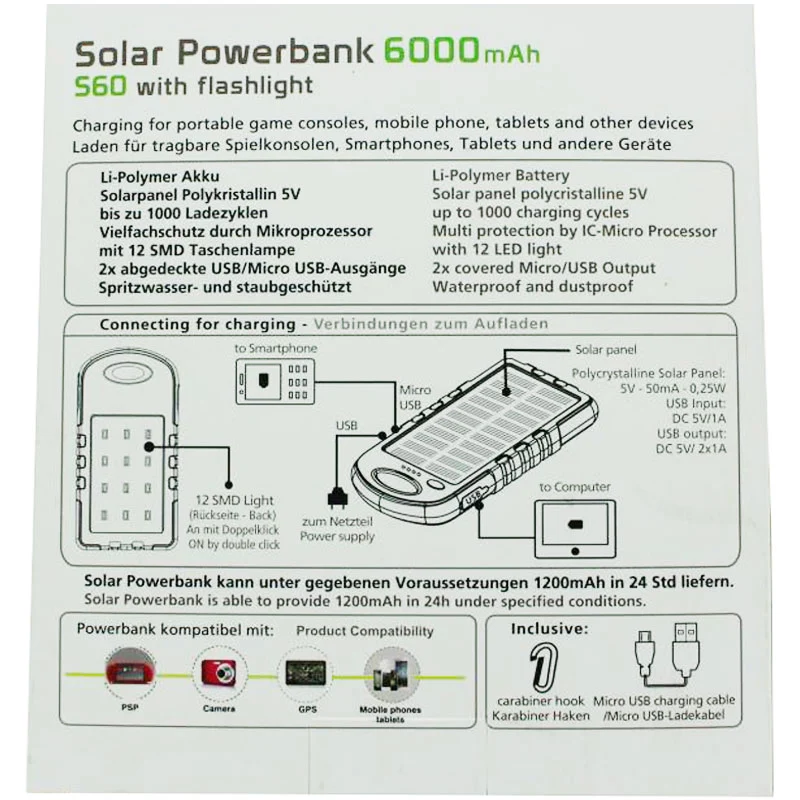 AccuCell Solar Powerbank mit bis zu 6000mAh Kapazität für Smartphone und andere USB-ladefähige Geräte