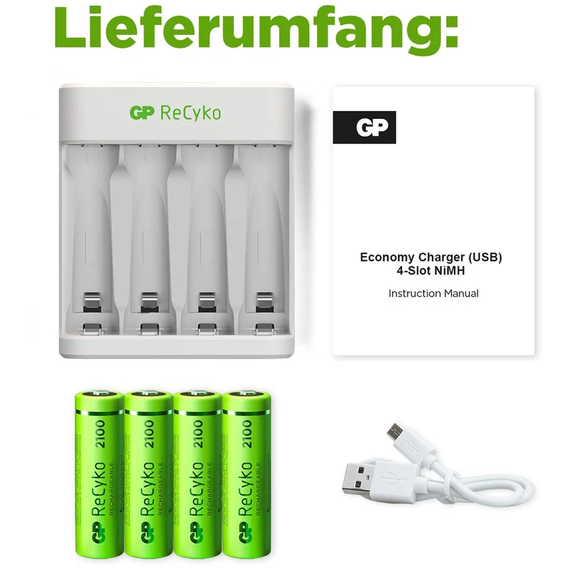 GP Batteries USB-Modell Ladegerät GP E411 inkl. 4x ReCyko 1,2V AA Mignon 2100 mAh Akkus