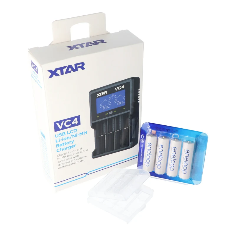 XTAR VC4 Schnell-Ladegerät inkl. 4 Panasonic eneloop Standard BK-3MCC1 AA Mignon Akkus + AkkuSafe