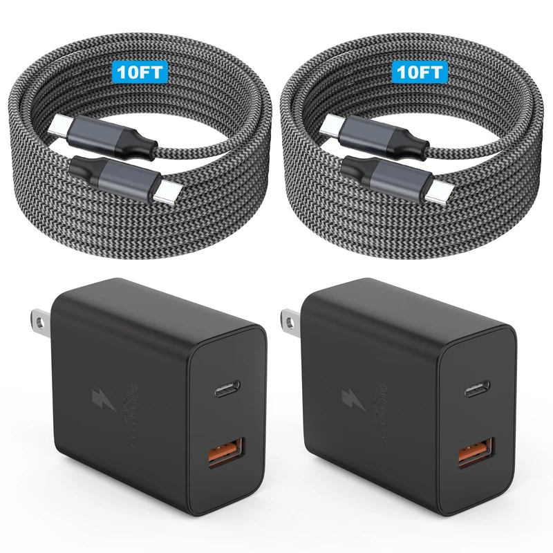 Extra Long 10Foot 45W Samsung USB C Fast Charger Block Dual Port PD Power Adapter Fast Charging Block,2Pack 10FT Type C Super Qu