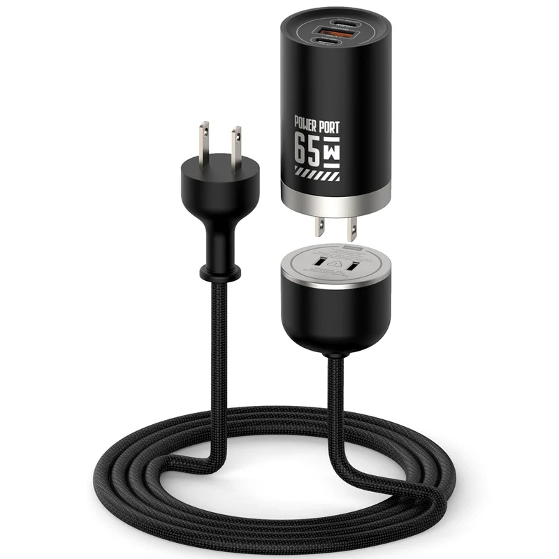 MFish 65W 3Port GaN USB C Charger with Detachable 5Ft Cord, Matte Black